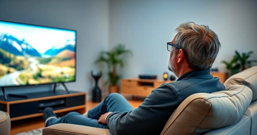 IPTV Norwegian 2026: En guide til strømming og underholdning, med en profesjonell foto av en person som ser på TV med IPTV Norwegian 2026