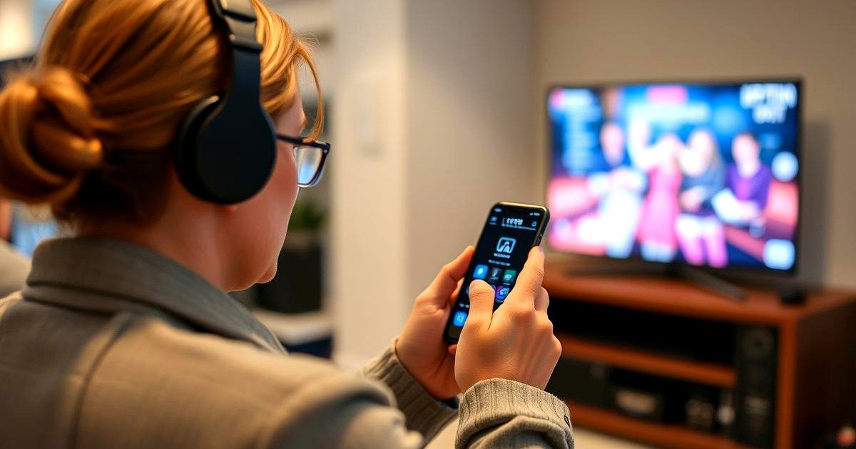 IPTV-strømming på mobiltelefon En person som strømmer IPTV-innhold på sin mobiltelefon