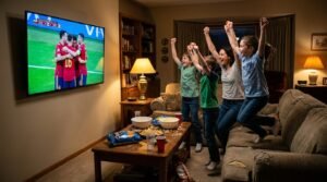 Familie nyter fotballkamp og sport og underholdning via IPTV på Smart TV