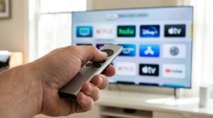 Nærbilde av fjernkontroll ved oppsett av IPTV på Smart TV skjerm